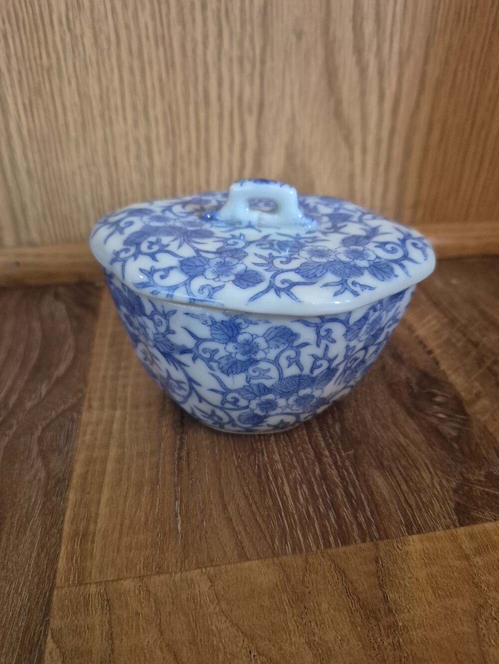 Vintage Blue and White Floral Porcelain Lidded Trinket Bowl